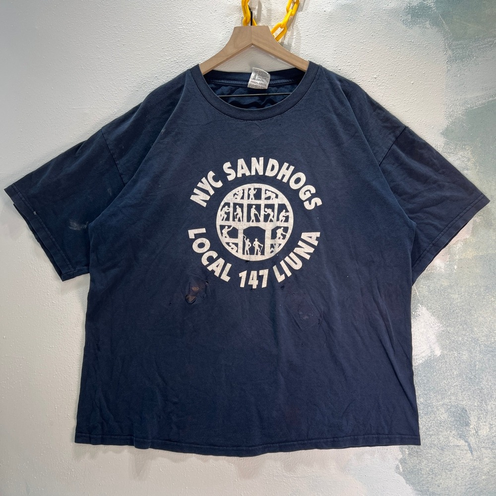 VTG Union Made Sandhogs‎ Local 147 T-Shirt Mens 2XL NYC Liuna Navy THRASHED USA